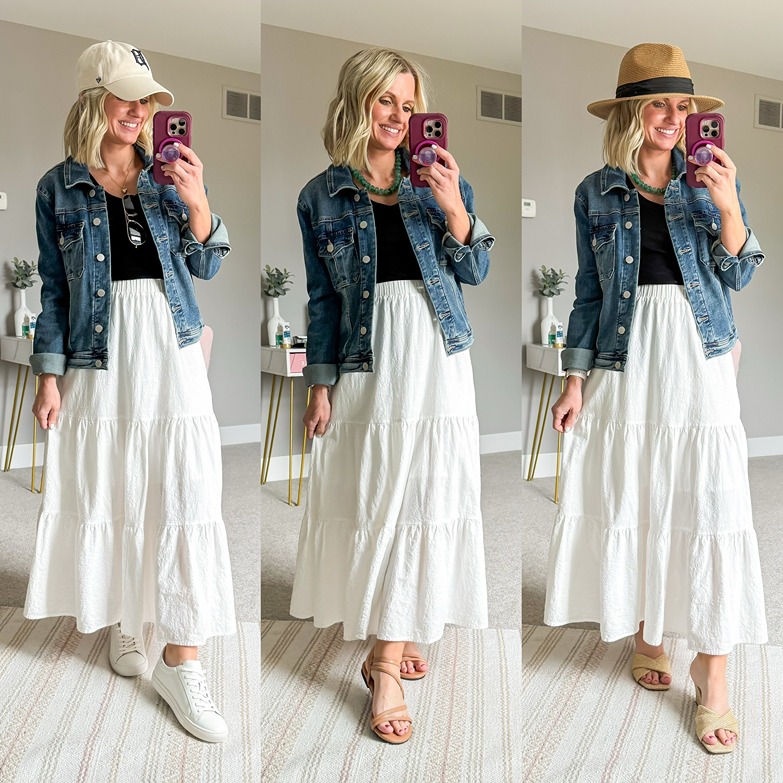 summer capsule wardrobe with denim jacket and white skirt