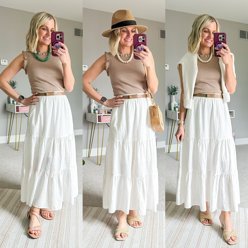 summer capsule wardrobe outfits with a brown top and white maxi skirt