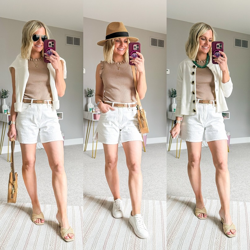 cute summer outfit ideas for moms with white shorts