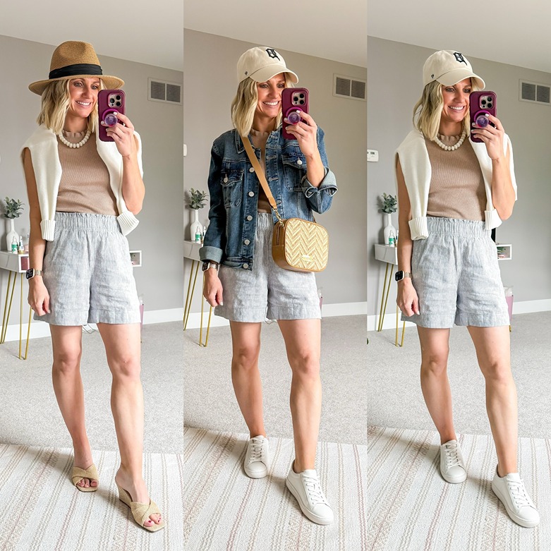 three summer 2026 outfit ideas with grey linen shorts