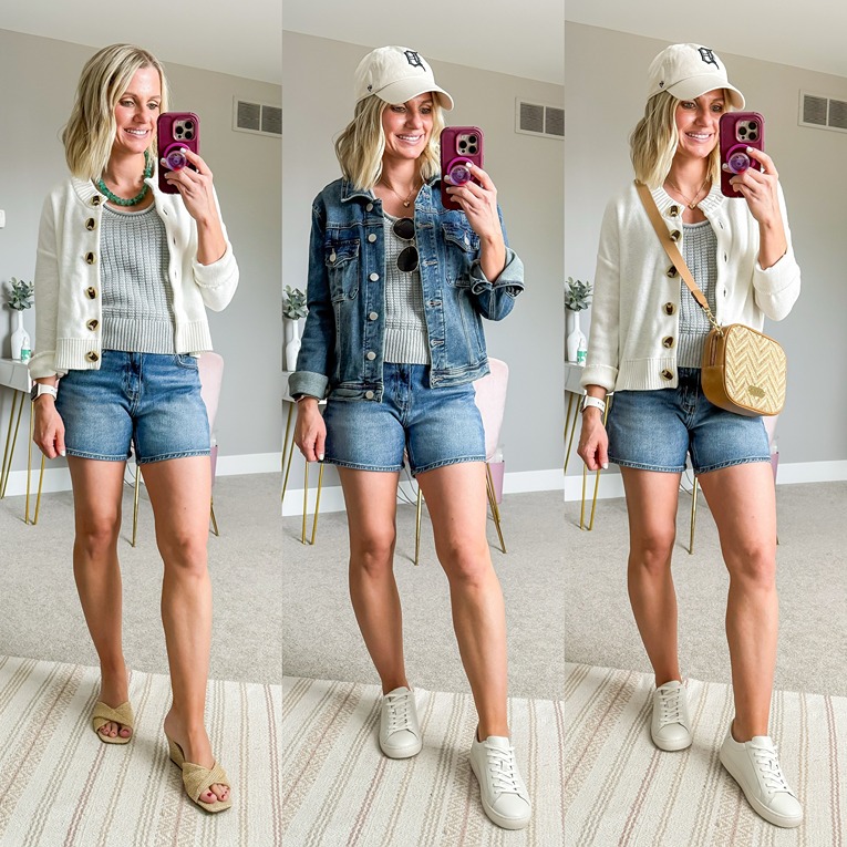 three summer 2026 mom outfits with jean shorts