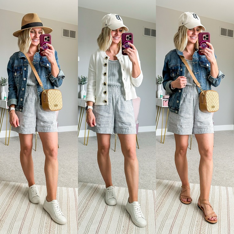 summer 2026 outfits with grey linen shorts