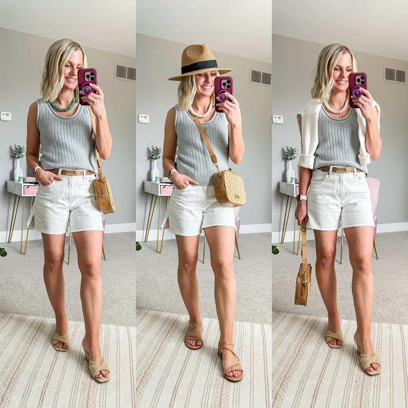 three summer outfits with white shorts and grey sweater tank