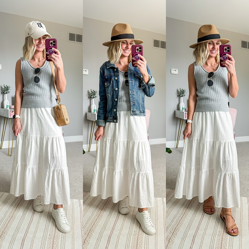 three outfit ideas to wear with a white maxi skirt