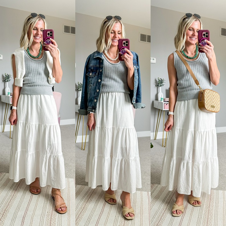 summer outfit ideas with white maxi skirt and sweater tank