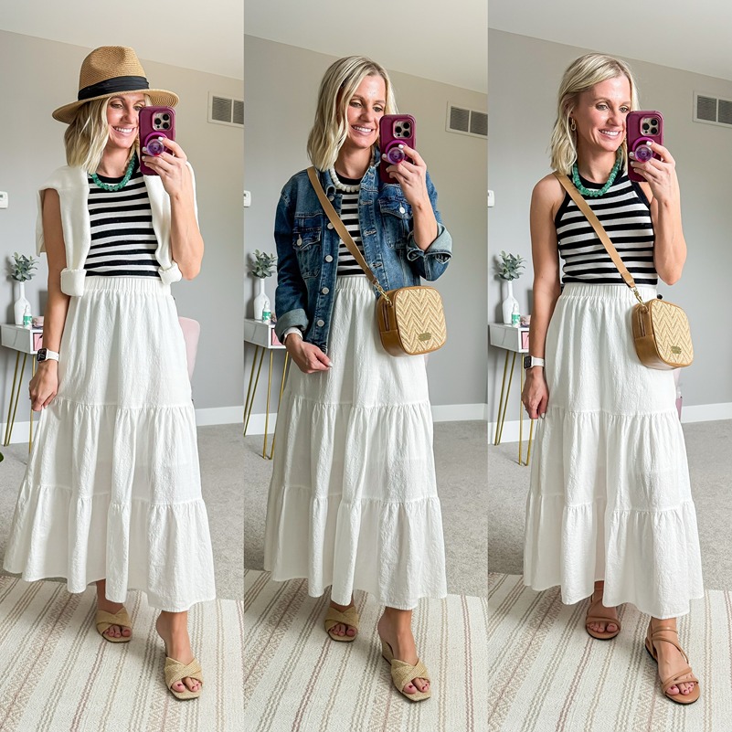 summer mom capsule wardrobe with white maxi skirt