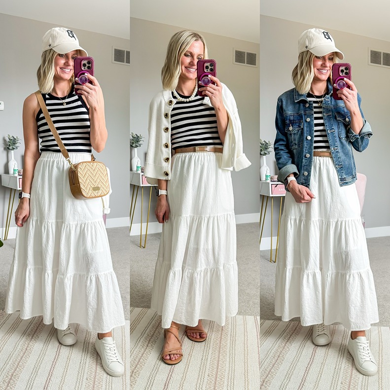 summer capsule wardrobe with white maxi skirt