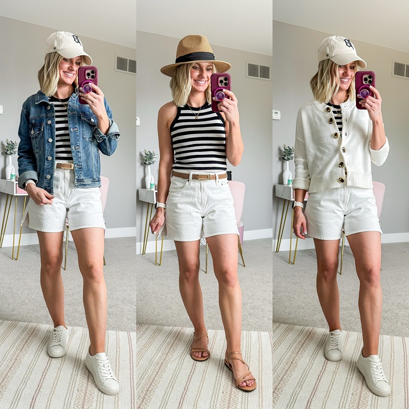 three summer 2026 outfits to wear with a striped top
