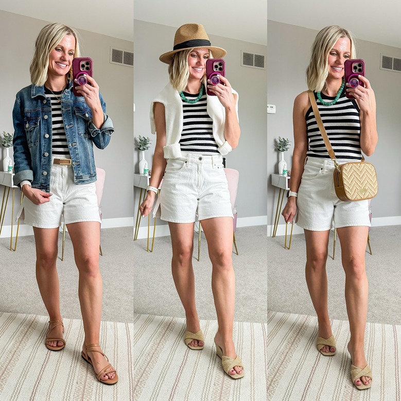 three summer outfits with white shorts and striped tank
