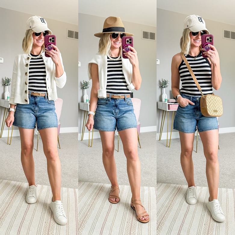 three summer outfits with jean shorts and striped top