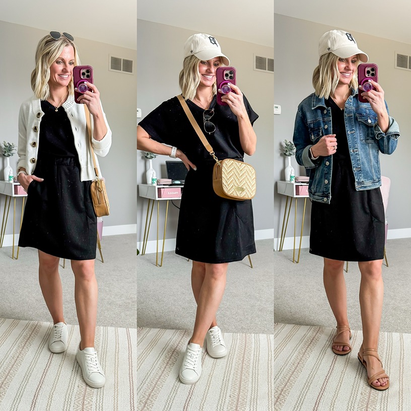 three summer 2026 outfits with a black dress