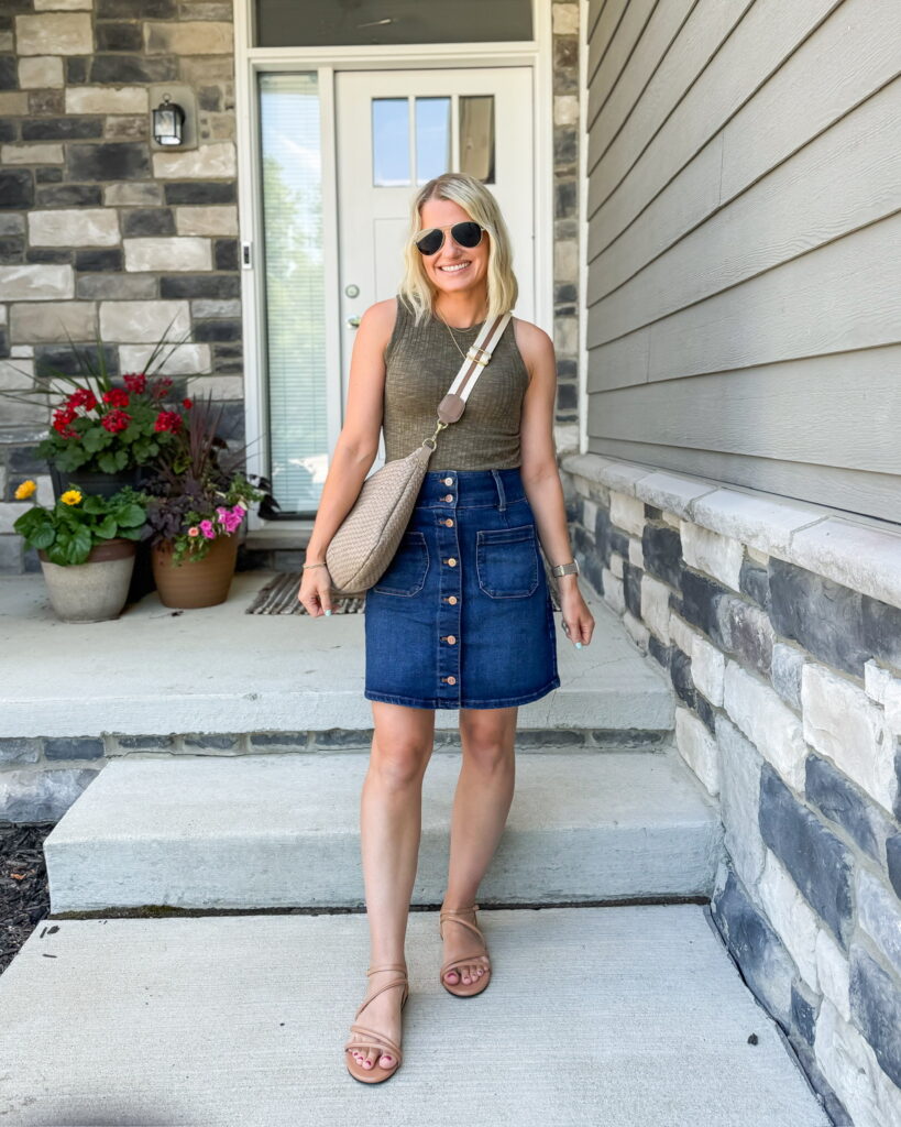 denim skirt and tank top outfit