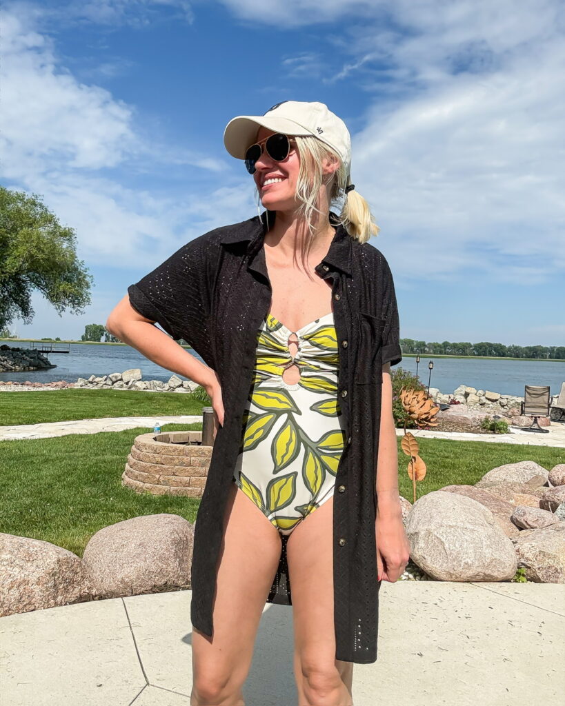 lake vacation outfit one piece swimsuit and coverup
