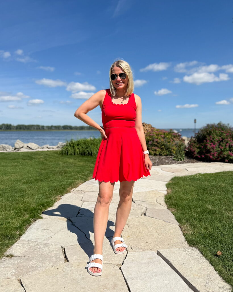 lake vacation outfit red tennis dress