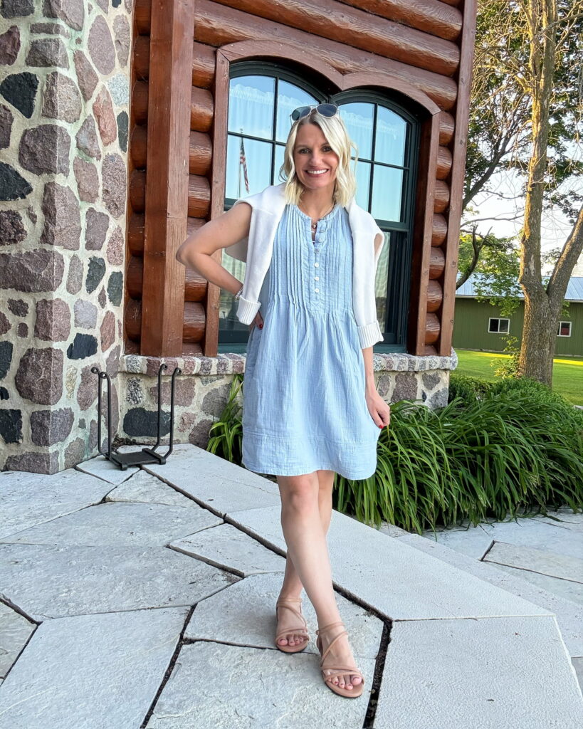 summer vacation outfit linen dress with sweater