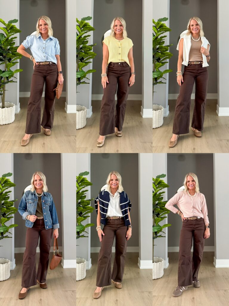 six outfits wearing brown pants