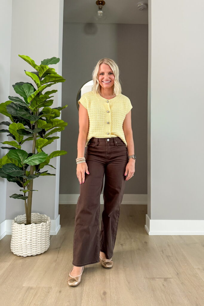 how to wear brown pants outfit with yellow sweater