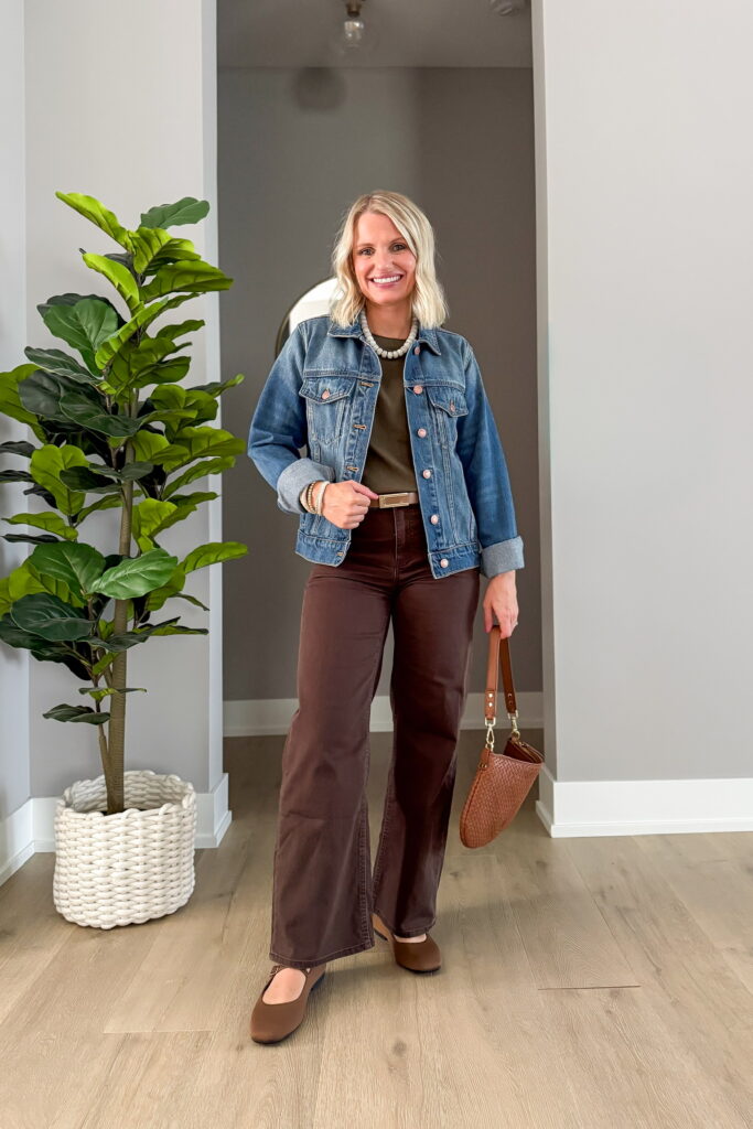 brown pants outfit with denim jacket