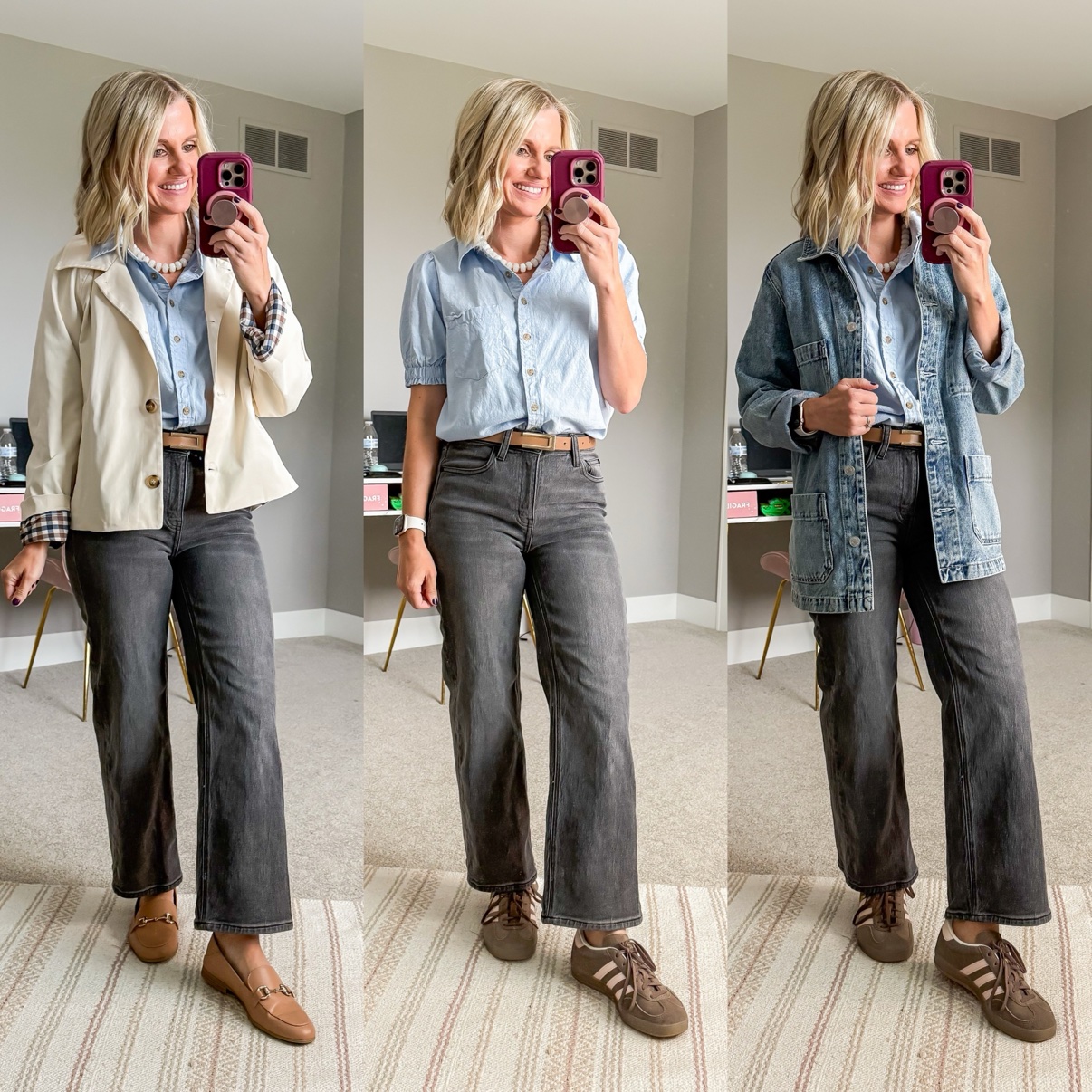 Three fall outfits with black wide-leg pants: a chambray shirt with cream chore jacket, pearl necklace, tan belt, and taupe loafers; a chambray shirt with pearl necklace, tan belt, and brown sneakers; a chambray shirt with denim chore jacket, pearl necklace, tan belt, and brown sneakers.