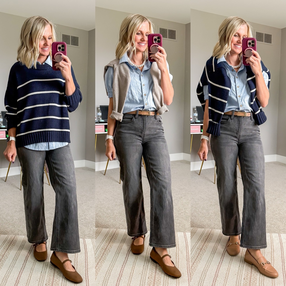 Three fall outfits with black wide-leg pants: a chambray shirt with a navy striped sweater and brown Mary Jane flats; a chambray shirt with beige cardigan draped over the shoulders, pearl necklace, tan belt, and brown Mary Jane flats; a chambray shirt with a striped sweater draped over the shoulders, pearl necklace, tan belt, and taupe loafers.