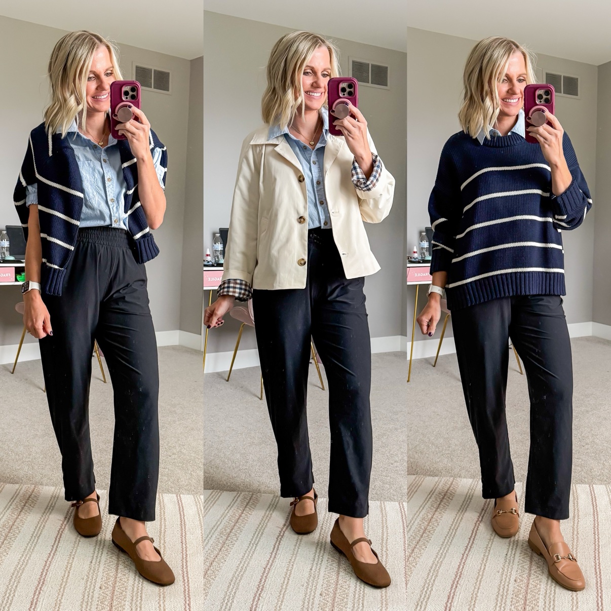 Three fall outfits with black wide-leg pants: a chambray shirt with a striped sweater draped over the shoulders and brown Mary Jane flats; a chambray shirt with cream chore jacket and brown Mary Jane flats; a chambray shirt with a navy striped sweater and taupe loafers.