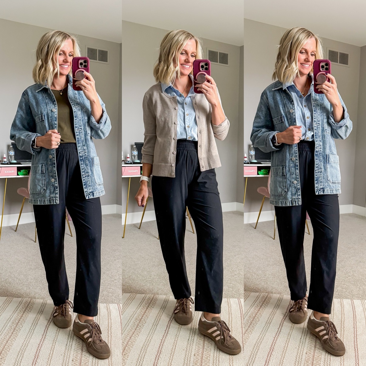 Three fall outfits with black wide-leg pants: an olive tee with denim chore jacket and brown sneakers; a chambray shirt with beige cardigan and brown sneakers; a chambray shirt with denim chore jacket and brown sneakers.
