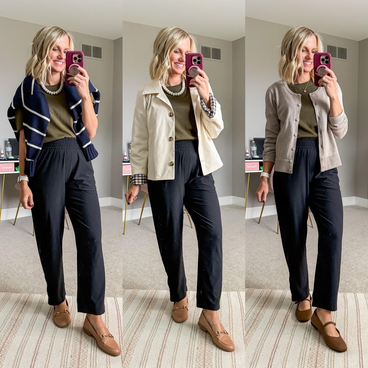 Three fall outfits with black wide-leg pants: an olive tee with a striped sweater draped over the shoulders, pearl necklace, and taupe loafers; an olive tee with cream chore jacket, pearl necklace, and taupe loafers; an olive tee with beige cardigan and brown Mary Jane flats.