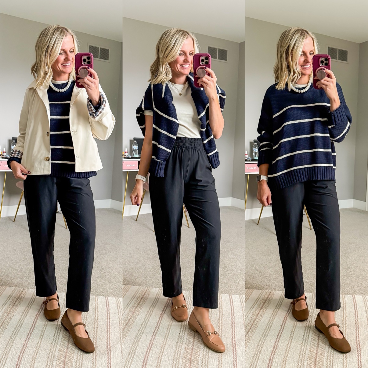 Three fall outfits with black wide-leg pants: a navy striped sweater with cream chore jacket worn open over it, pearl necklace, and brown Mary Jane flats; a white tee with a striped sweater draped over the shoulders and taupe loafers; a navy striped sweater with pearl necklace and brown Mary Jane flats.
