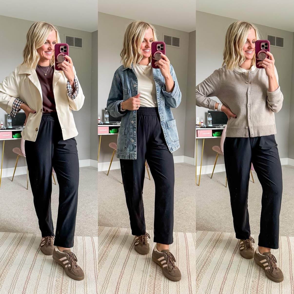 Three fall outfits with black wide-leg pants: a burgundy sweatshirt with cream chore jacket and brown sneakers; a white tee with denim chore jacket and brown sneakers; a white tee with beige cardigan and brown sneakers.