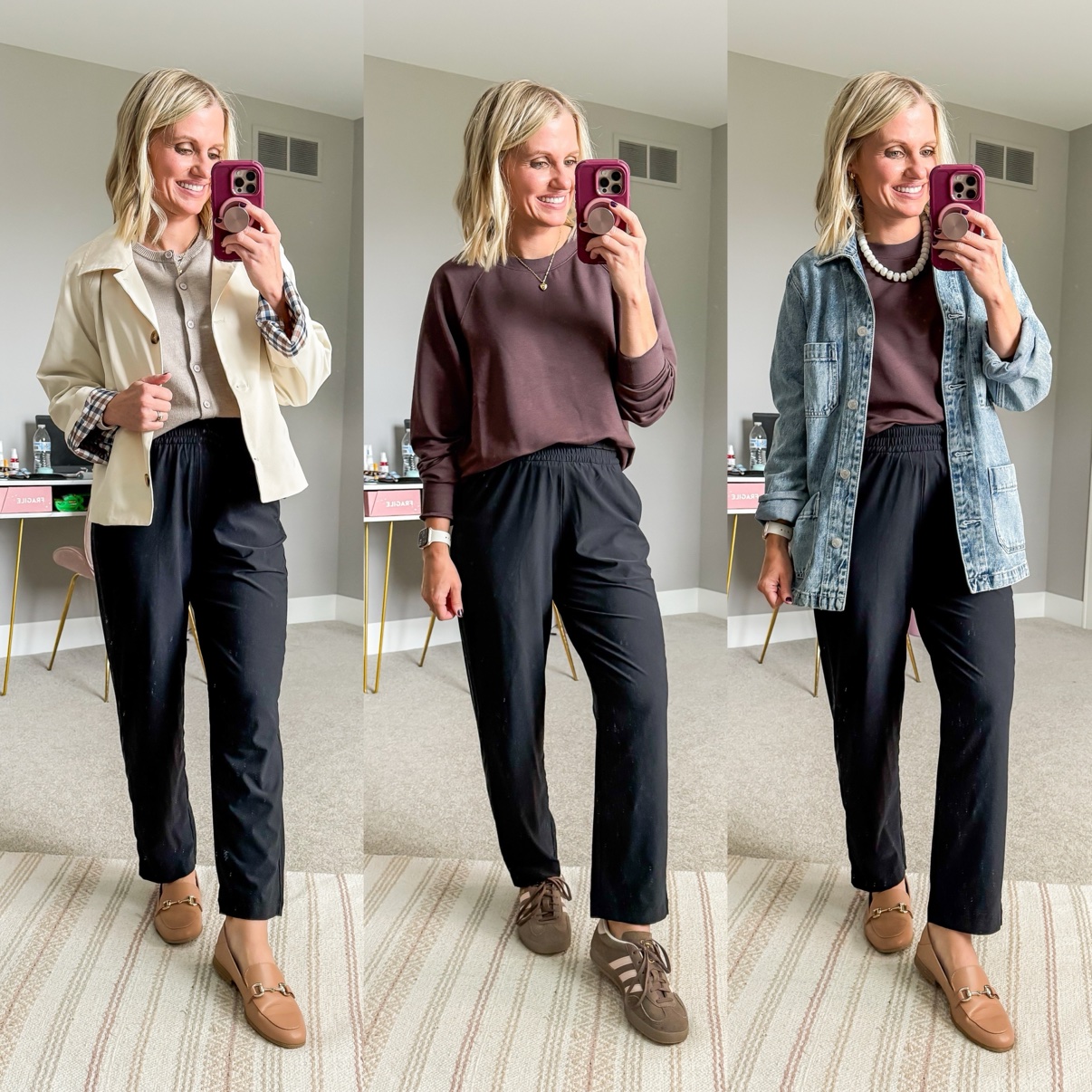 Three fall outfits with black wide-leg pants: a beige cardigan with cream chore jacket layered over it and taupe loafers; a burgundy sweatshirt with brown sneakers; a mauve tee with pearl necklace, denim chore jacket, and taupe loafers.