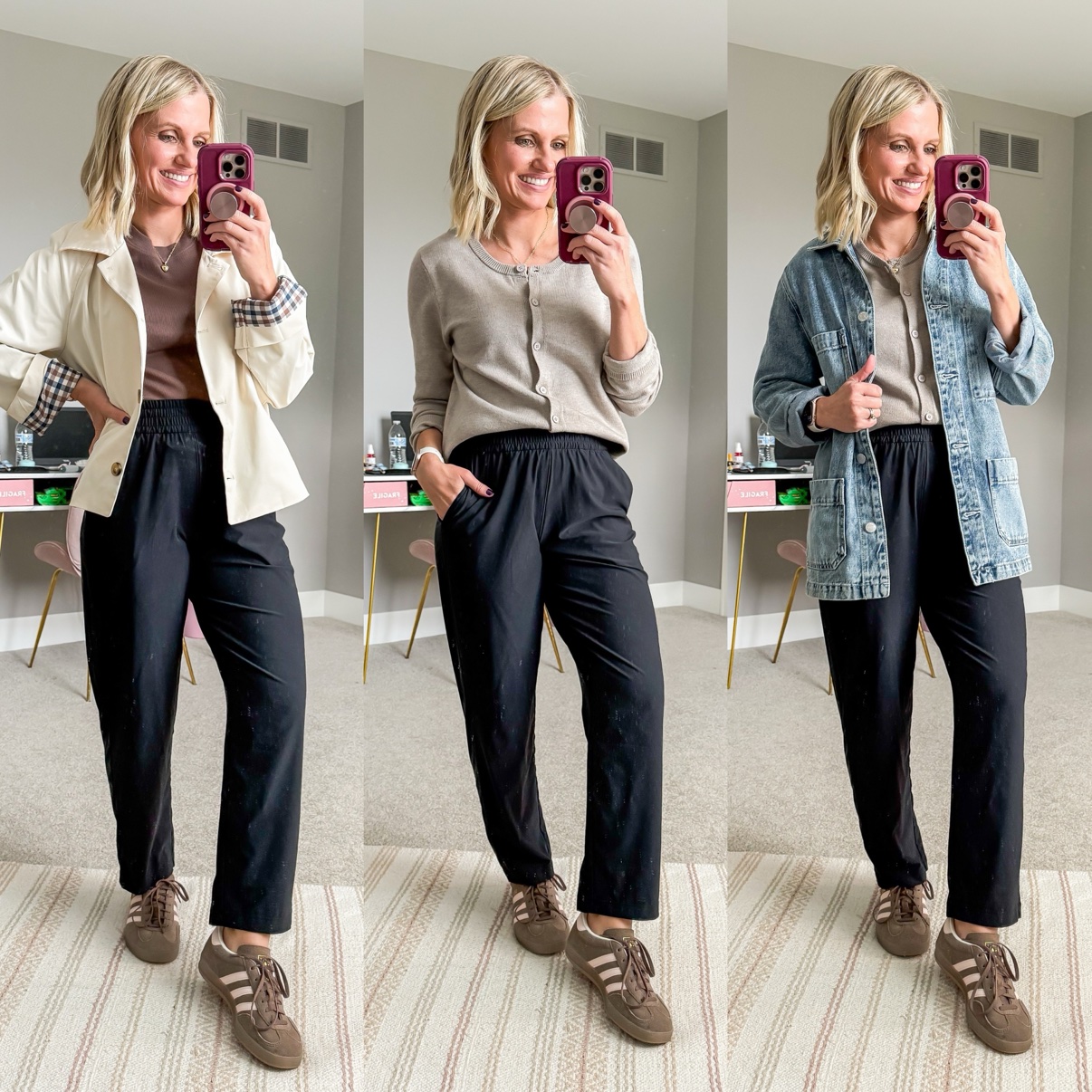 Three fall outfits with black wide-leg pants: a mauve tee with cream chore jacket and brown sneakers; a mauve tee with beige cardigan and brown sneakers; a beige cardigan with denim chore jacket layered over it and brown sneakers.