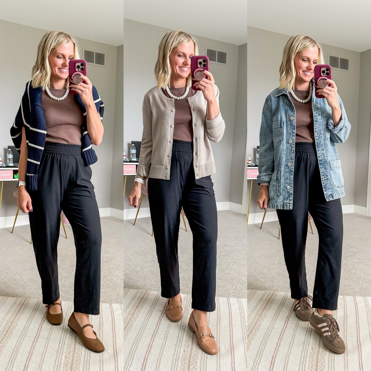 Three fall outfits with black wide-leg pants: a mauve tee with a striped sweater draped over the shoulders, pearl necklace, and brown Mary Jane flats; a mauve tee with beige cardigan, pearl necklace, and taupe loafers; a mauve tee with denim chore jacket, pearl necklace, and brown sneakers.