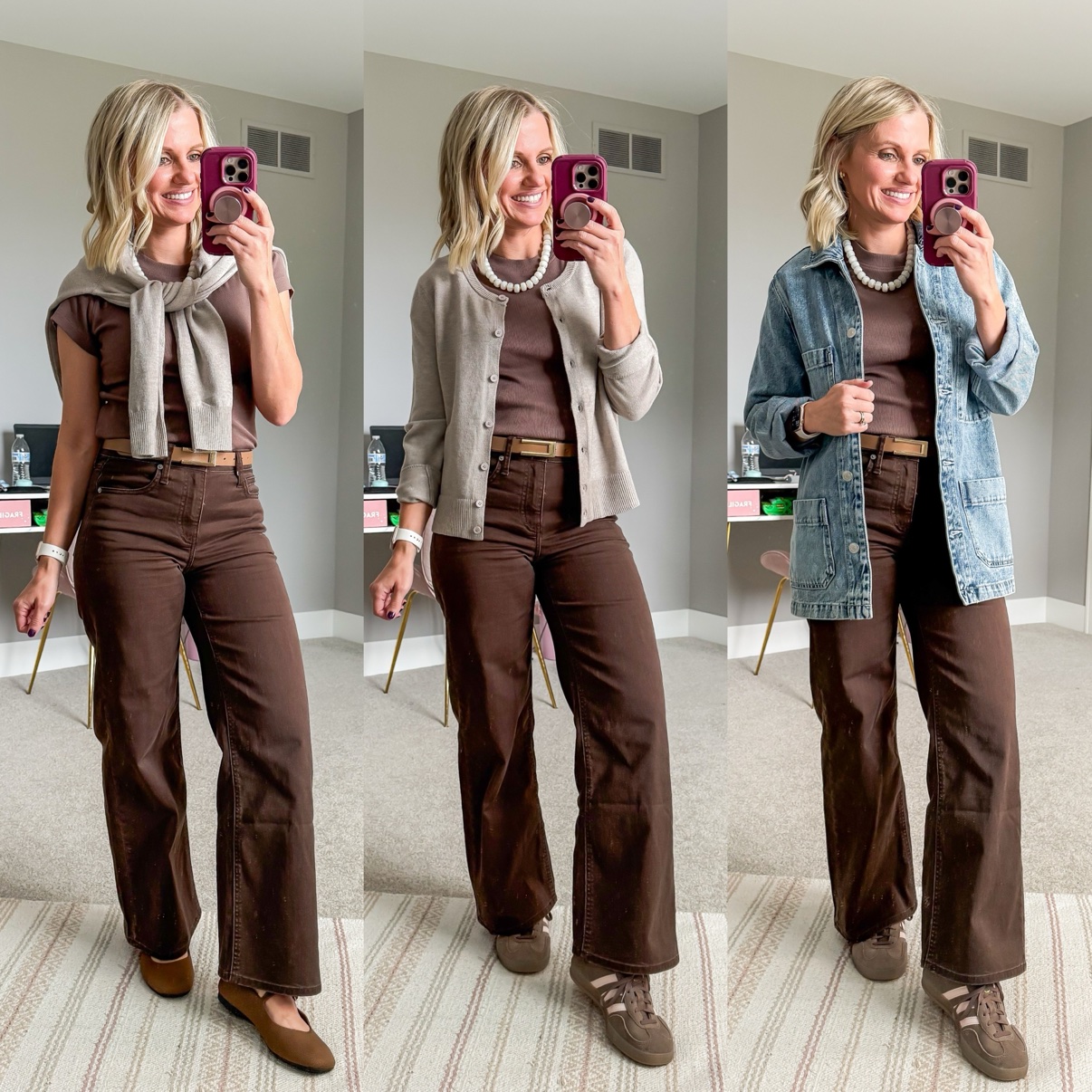 Three fall outfits with dark brown wide-leg pants: a mauve tee with beige cardigan draped over the shoulders, tan belt, and brown Mary Jane flats; a mauve tee with pearl necklace, beige cardigan, tan belt, and brown sneakers; a mauve tee with pearl necklace, denim chore jacket, tan belt, and brown sneakers.