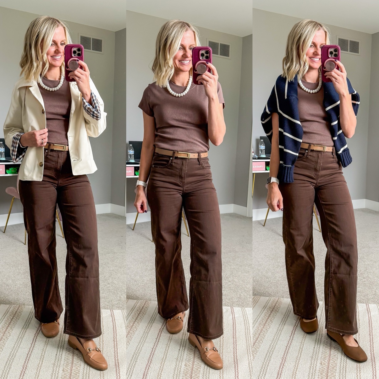 Three fall outfits with dark brown wide-leg pants: a mauve tee with pearl necklace, cream chore jacket, tan belt, and taupe loafers; a mauve tee with pearl necklace, tan belt, and taupe loafers; a mauve tee with pearl necklace, a striped sweater draped over the shoulders, tan belt, and brown Mary Jane flats.