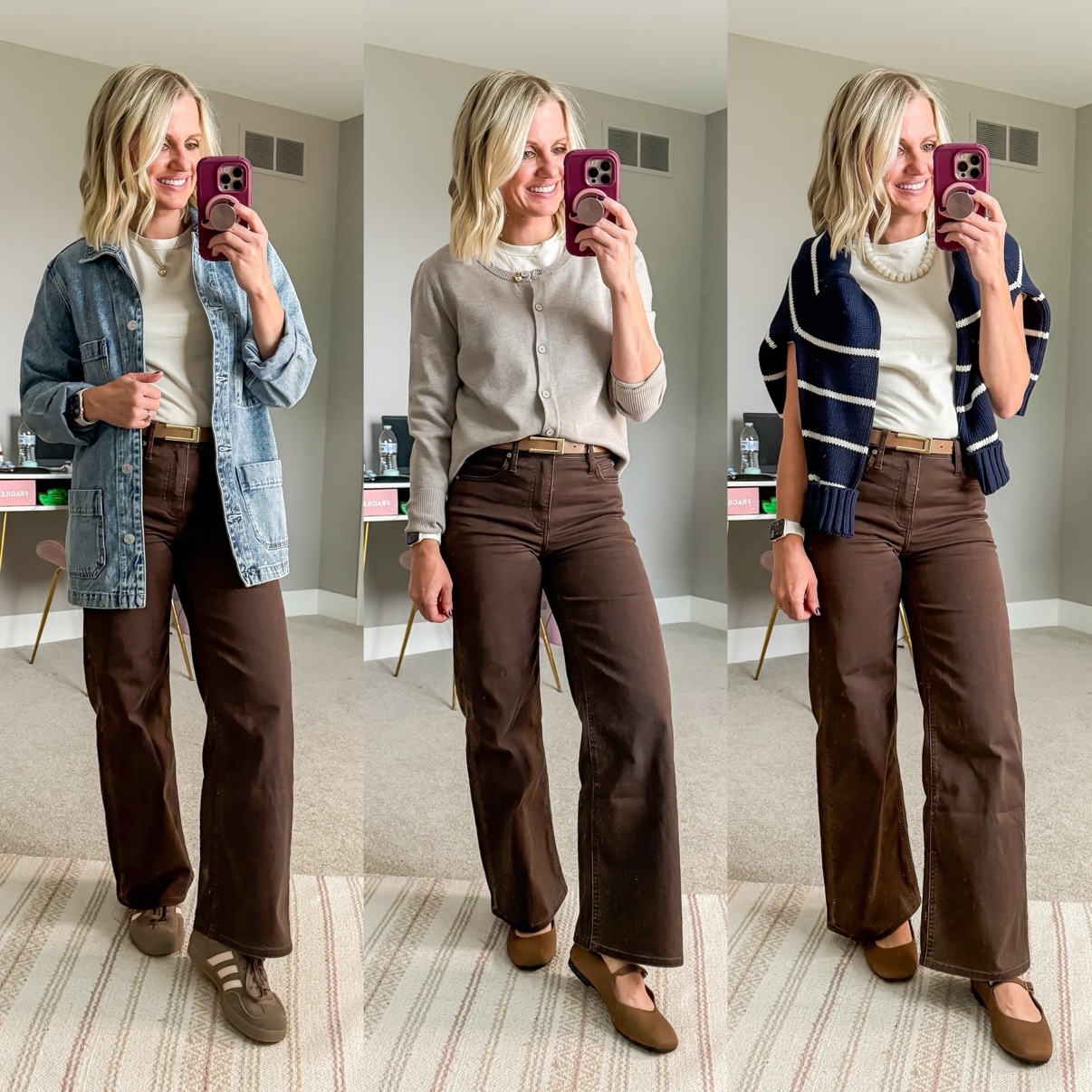 Three fall outfits with dark brown wide-leg pants: a white tee with denim chore jacket, tan belt, and brown sneakers; a white tee with beige cardigan, tan belt, and brown Mary Jane flats; a white tee with pearl necklace, a striped sweater draped over the shoulders, tan belt, and brown Mary Jane flats.