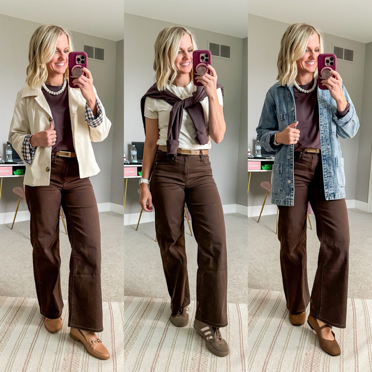 Three fall outfits with dark brown wide-leg pants: a burgundy sweatshirt with pearl necklace, cream chore jacket, tan belt, and taupe loafers; a white tee with a burgundy sweatshirt draped over the shoulders, tan belt, and brown sneakers; a mauve tee with pearl necklace, denim chore jacket, tan belt, and brown Mary Jane flats.