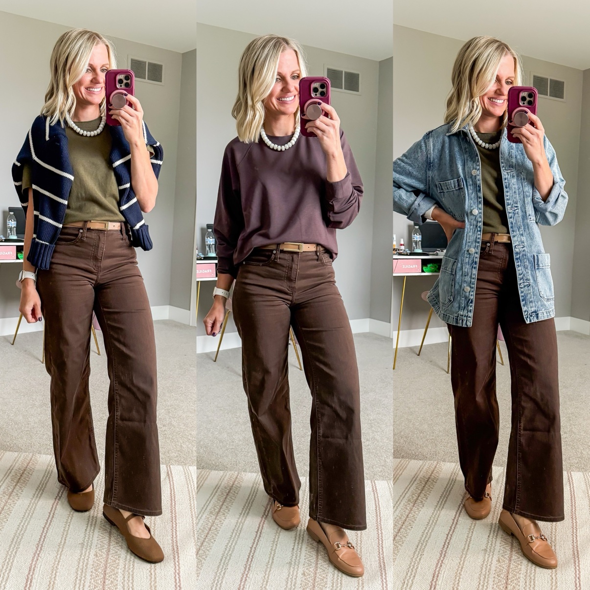 Three fall outfits with dark brown wide-leg pants: an olive tee with a striped sweater draped over the shoulders, pearl necklace, tan belt, and brown Mary Jane flats; a burgundy sweatshirt with pearl necklace, tan belt, and taupe loafers; an olive tee with pearl necklace, denim chore jacket, tan belt, and taupe loafers.