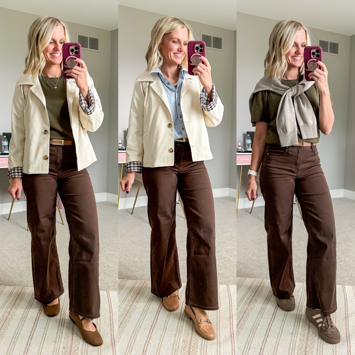 Three fall outfits with dark brown wide-leg pants: an olive tee with cream chore jacket, tan belt, and brown Mary Jane flats; a chambray shirt with cream chore jacket and taupe loafers; an olive tee with beige cardigan draped over the shoulders, tan belt, and brown sneakers.