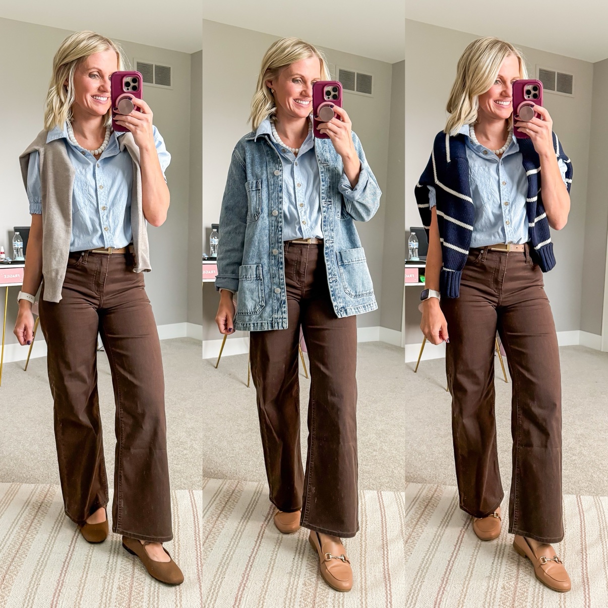 Three fall outfits with dark brown wide-leg pants: a chambray shirt with beige cardigan draped over the shoulders, pearl necklace, tan belt, and brown Mary Jane flats; a chambray shirt with pearl necklace, denim chore jacket, tan belt, and taupe loafers; a chambray shirt with pearl necklace, a striped sweater draped over the shoulders, tan belt, and taupe loafers.