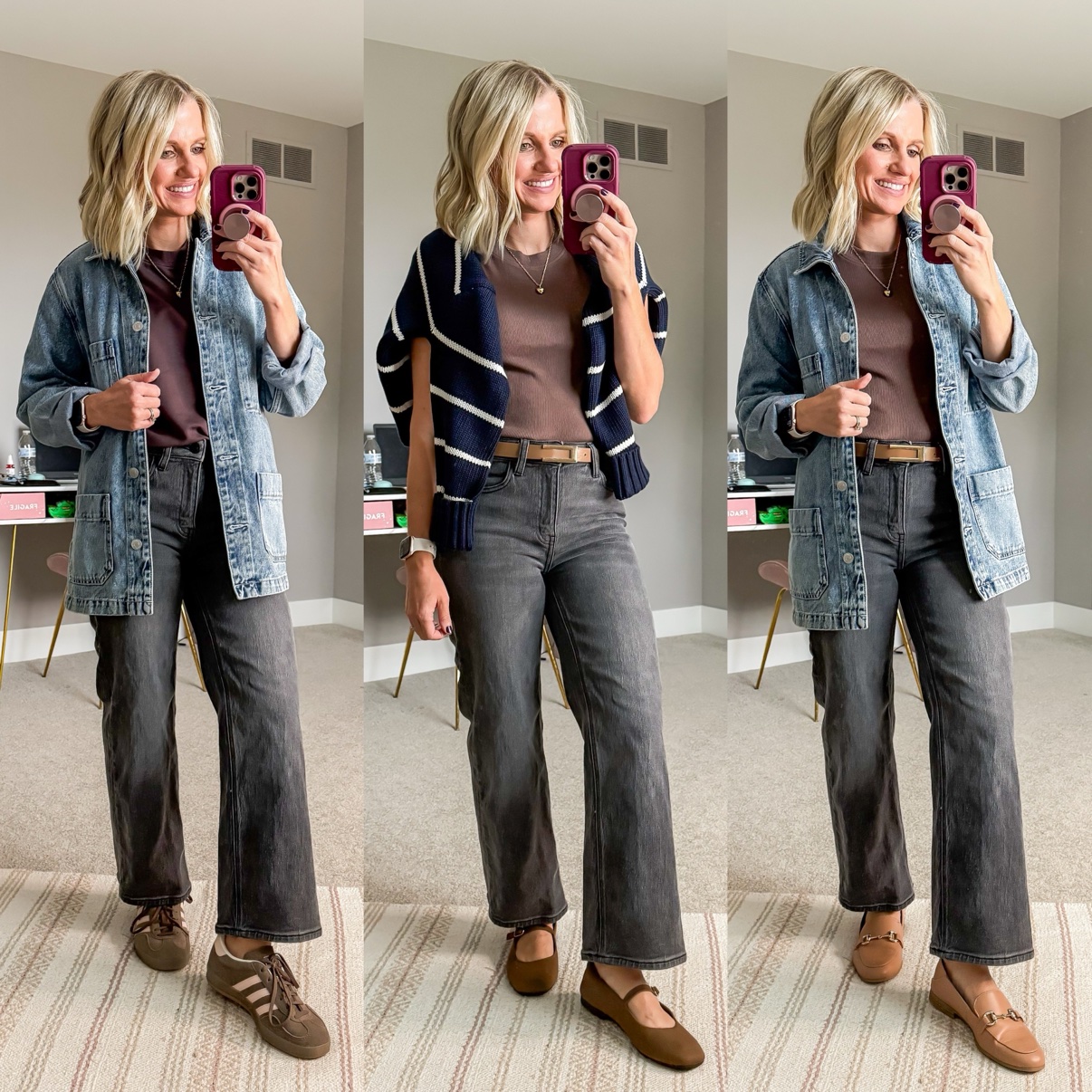 Three fall outfits with gray wide-leg jeans: a mauve tee with denim chore jacket, tan belt, and brown sneakers; a mauve tee with a striped sweater draped over the shoulders, tan belt, and brown Mary Jane flats; a mauve tee with denim chore jacket, tan belt, and taupe loafers.
