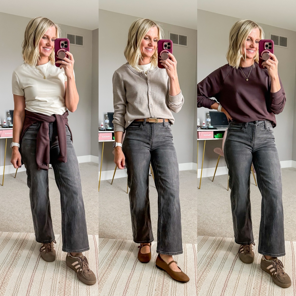 Three fall outfits with gray wide-leg jeans: a white tee with a burgundy sweatshirt tied around the waist and brown sneakers; a white tee with beige cardigan, pearl necklace, tan belt, and brown Mary Jane flats; a burgundy sweatshirt with brown sneakers.