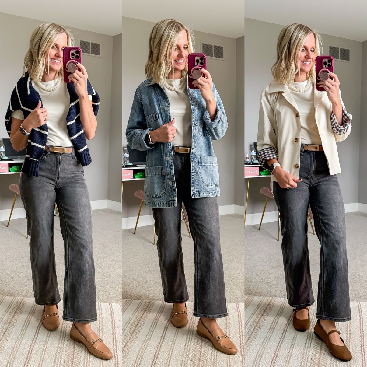 Three fall outfits with gray wide-leg jeans: a white tee with a striped sweater draped over the shoulders, pearl necklace, tan belt, and taupe loafers; a white tee with denim chore jacket, pearl necklace, tan belt, and taupe loafers; a white tee with cream chore jacket, pearl necklace, tan belt, and brown Mary Jane flats.