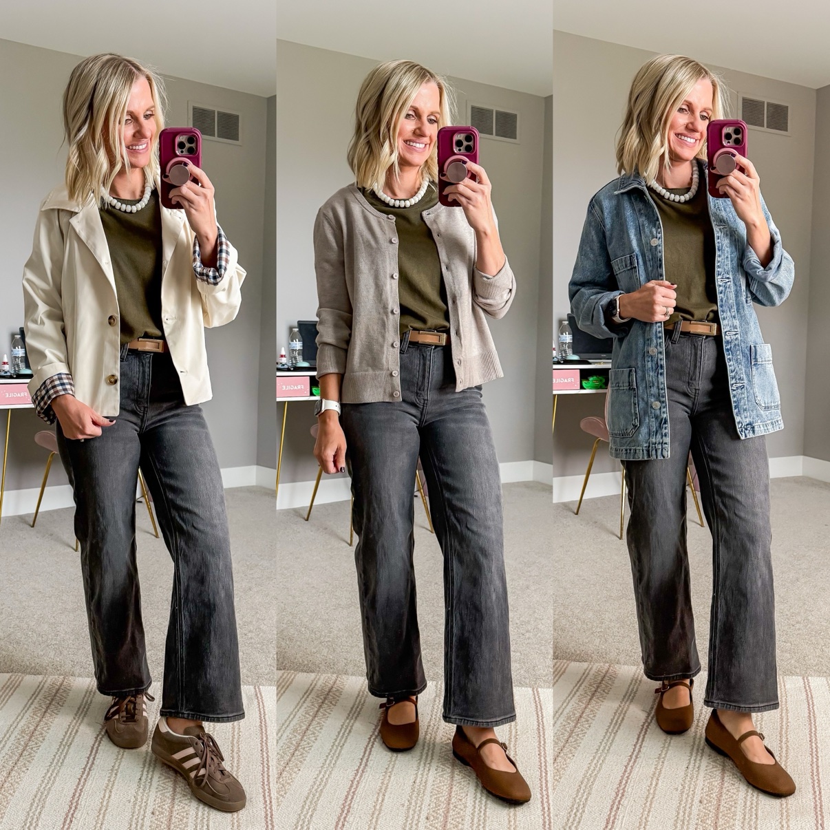 Three fall outfits with gray wide-leg jeans: an olive tee with cream chore jacket, pearl necklace, tan belt, and brown sneakers; an olive tee with beige cardigan, pearl necklace, tan belt, and brown Mary Jane flats; an olive tee with denim chore jacket, pearl necklace, tan belt, and brown Mary Jane flats.