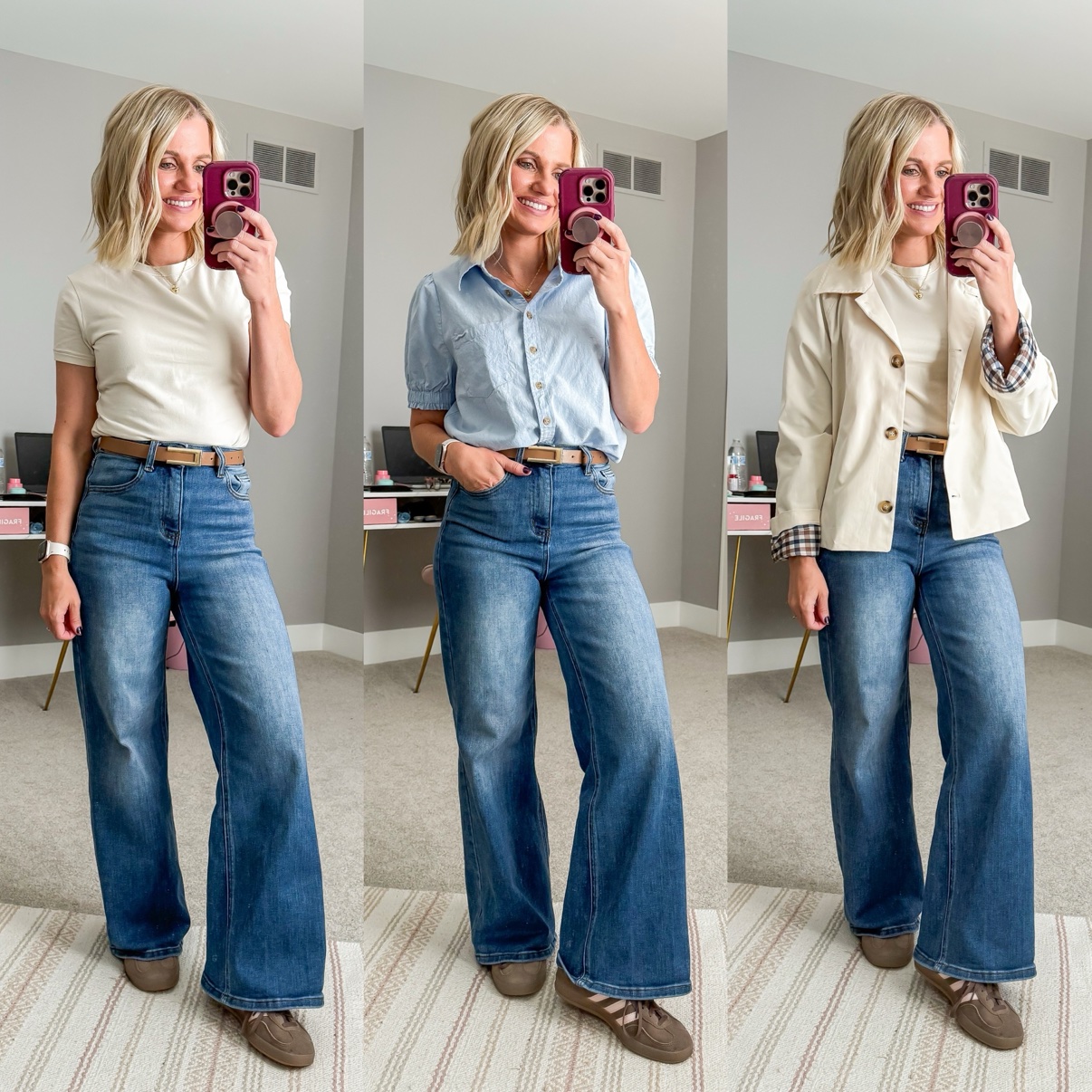 Three fall outfits with medium-wash wide-leg jeans: a white tee with tan belt and brown sneakers; a chambray button-down with tan belt and brown sneakers; a white tee layered under a cream chore jacket with tan belt and brown sneakers.