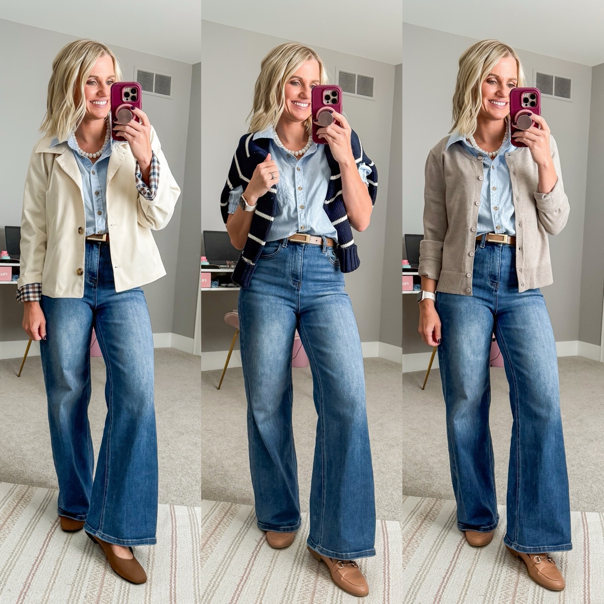 Three fall outfits with medium-wash wide-leg jeans: a chambray shirt with cream chore jacket, pearl necklace, and brown Mary Jane flats; a chambray shirt with a striped sweater draped over the shoulders, pearl necklace, and taupe loafers; a chambray shirt with beige cardigan, pearl necklace, and taupe loafers.