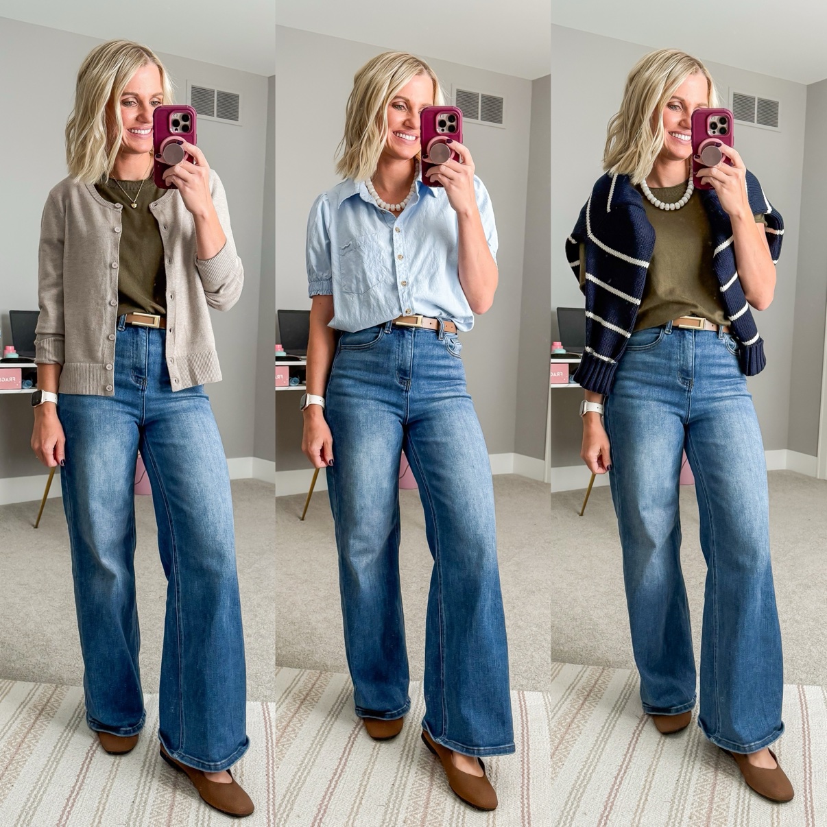 Three fall outfits with medium-wash wide-leg jeans: an olive tee with beige cardigan, tan belt, and brown Mary Jane flats; a chambray shirt with pearl necklace, tan belt, and brown Mary Jane flats; an olive tee with a striped sweater draped over the shoulders, pearl necklace, tan belt, and brown Mary Jane flats.