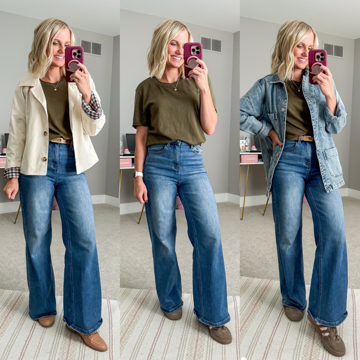 Three fall outfits with medium-wash wide-leg jeans: an olive tee with cream chore jacket, tan belt, and taupe loafers; an olive tee with tan belt and brown sneakers; an olive tee with denim chore jacket, tan belt, and brown sneakers.