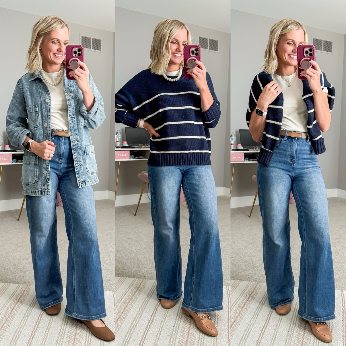 Three fall outfits with medium-wash wide-leg jeans: a white tee with denim chore jacket, pearl necklace, tan belt, and brown Mary Jane flats; a navy striped sweater with pearl necklace and taupe loafers; a white tee with a striped sweater draped over the shoulders, tan belt, and taupe loafers.