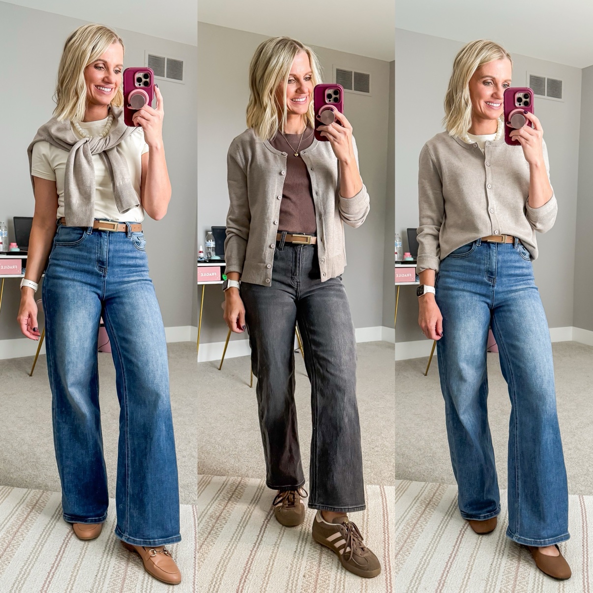 Three fall outfits with wide-leg jeans: a white tee with beige cardigan draped over the shoulders, pearl necklace, tan belt, and taupe loafers with medium-wash jeans; a mauve tee with beige cardigan, tan belt, and brown sneakers with gray jeans; a white tee with beige cardigan, tan belt, and brown Mary Jane flats with medium-wash jeans.