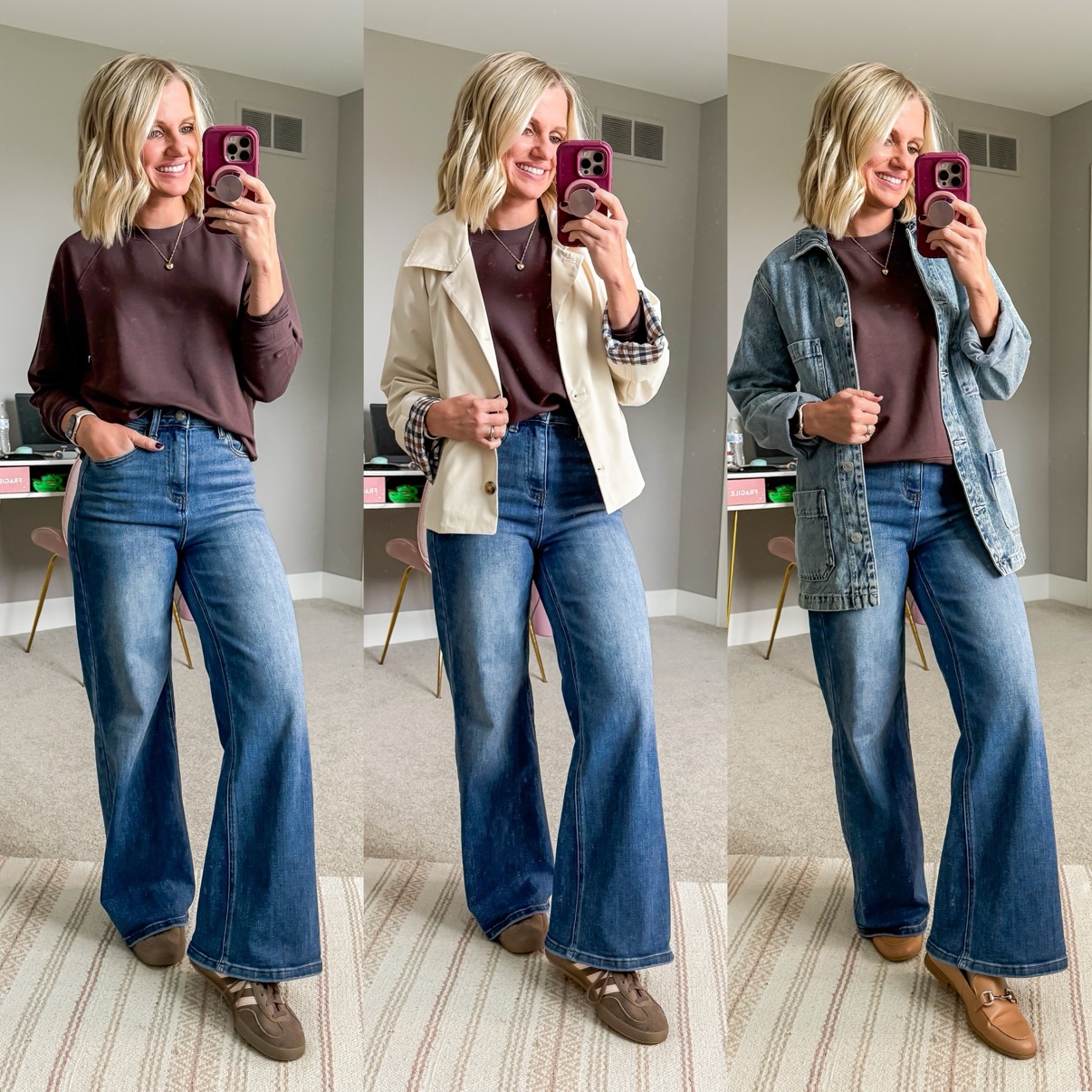 Three fall outfits with medium-wash wide-leg jeans: a burgundy sweatshirt with brown sneakers; a burgundy sweatshirt with cream chore jacket and brown Mary Jane flats; a burgundy sweatshirt with denim chore jacket and taupe loafers.